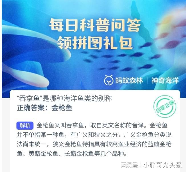 九游会J9 J9九游会“吞拿鱼”是哪种海洋鱼类的别称？蚂蚁森林神奇海洋(图1)